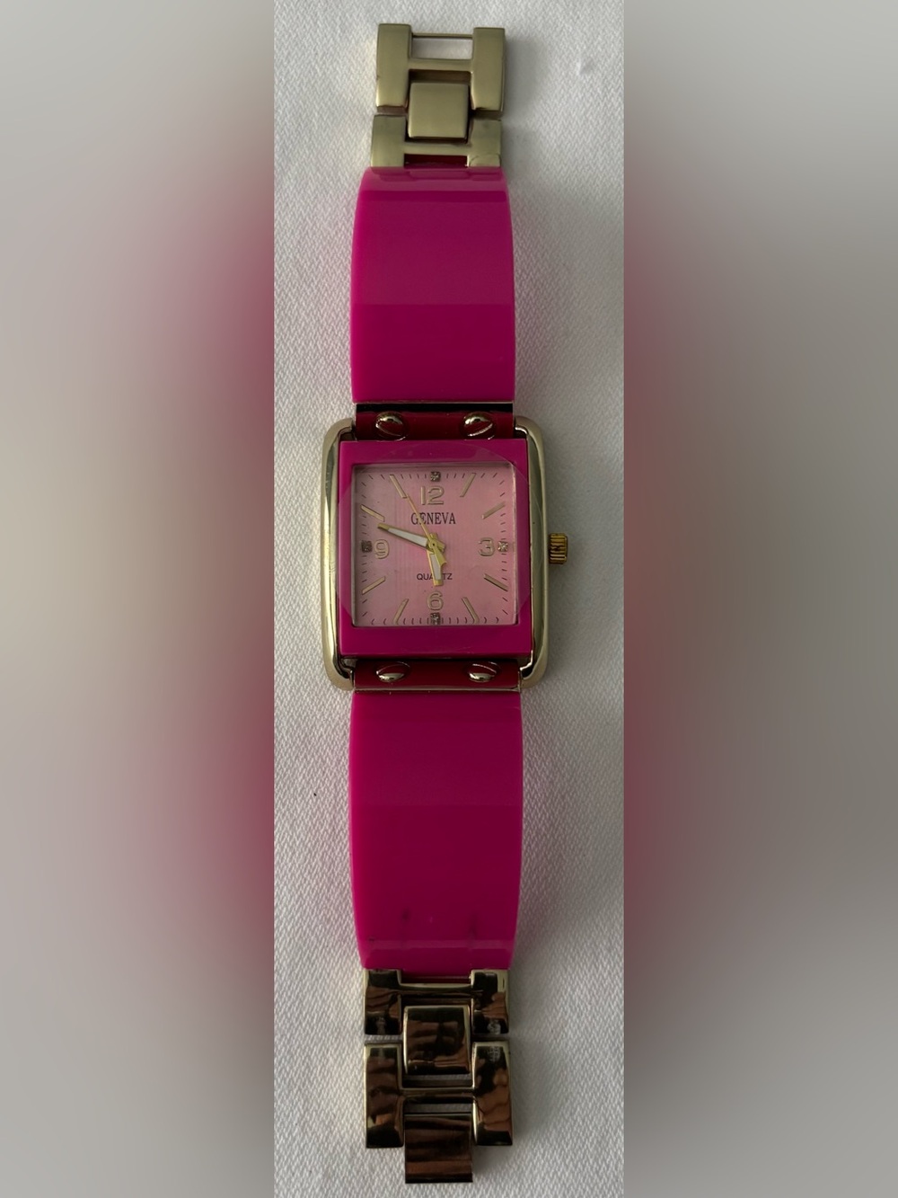 ⌚️3/$30⌚️Geneva Hot Pink Acrylic Square Dial Cuff Watch with Gold Accents